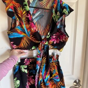 Tropical Print Tie-Front Top and Shorts Set